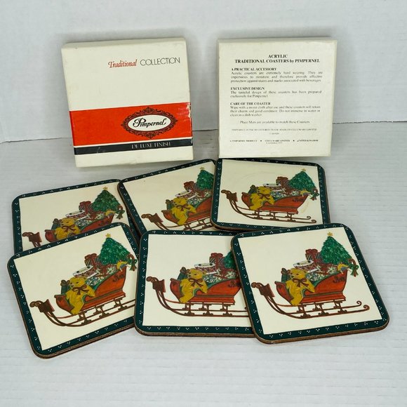 Set of 6 Vintage Pimpernel Christmas Coaster Santa's Sleigh Cork Back - Picture 1 of 5